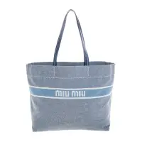 在飛比找momo購物網優惠-【MIU MIU】新款雙色牛仔布織花標誌直式托特包(牛仔色)