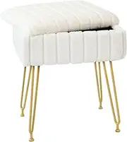 Homodoskey Vanity Stool Chair with Storage, Faux Fur Makeup Chair for Vanity, 15.7"L x 11.8"W x 19.4"H Soft Ottoman 4 Metal Legs with Anti-Slip Feet, Modern Multifunctional Chairs for Bedroom (White)