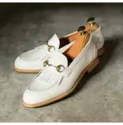 Handmade Mens White lather fringe Shoes, Men white leather party shoes moccasins