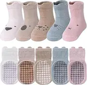 [KGJAXF] 10 Pairs Baby Socks, Baby Socks with Grips, Grip Socks Kids, Baby Kids Anti-slip Socks 6-12/12-18 Months, for Girls Boys Warm Moderate Thickness Toddler Socks, pink, yellow, blue, off-white,