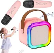 Karaoke Machine for Youth- Portable Bluetooth Mini Karaoke Microphone Singing Speaker with 2 Wireless Mics and Lights - Perfect for Parties, Family Gatherings, Birthdays, and Home Entertainment-Pink