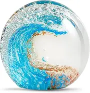 EUSTUMA Hand Blown Glass Figurines Ball Ocean Waves,Office Paperweight Glass for Desk,Home Decor Collectible,Aquarium Decor,Office Decor Ocean Lovers (Blue)