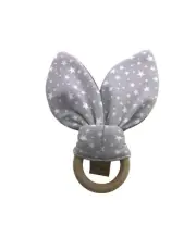 Wooden Teething Ring / Bunny Ears STARS ON GREY Natural 100% Cotton