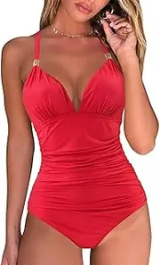 [GDYJP] Women Halter Neck Vintage Ruched One Piece Swimsuits Tummy Control Bathing Suits Retro Swimwear Bikini (Color : Red, Size : Small)