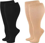 Zingso Wide Calf Compression Socks for Women Men, 2 Pairs Plus Size Extra Large Size Support Socks Stockings Reduces Swelling & Pain for Nurses Running Pregnant Travel Flight 20-25 mmHg