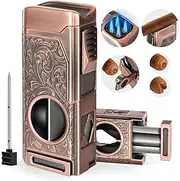 Tesonway Cigar Torch Lighter, 4 Jet Flame Cigar Lighter with Cigar Cutter V Cut Cigar Accessories Cigar Holder Cigar Punch Cigar Draw Enhancer, Windproof Refillable Butane Lighter, Cigar Gifts for Men