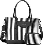 MOSISO Laptop Tote Bag for Women Compatible with MacBook, 17-17.3 inch Notebook and Chromebook, Waterproof Vertical Stripe PU Leather Travel Computer Bag with Envelope Pocket & Small Purse, Black