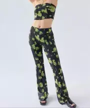 UO Dulce Mesh Cropped Top & High-Rise Flare Pant SET Floral Black L Seam NWT $99
