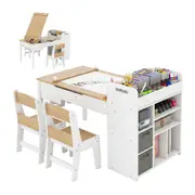 Costway Art Table & 2 Chairs w/Paper Roll Paint Cups & Storage Shelves Craft Table Set Activity Drawing Desk Chair