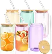 6 Pcs Colored Drinking Glasses with Bamboo Lids and Straw - 16 Oz Can Shaped Glass Cups Beer Glasses Ice Coffee Glassware Sublimation Blanks Tumbler for Water Soda Boba Tea Cocktail Glass Set