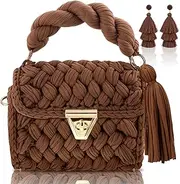 [Silkfly] 2 Pcs Crochet Clutch Bag Handmade Crochet Woven Bag Bohemian Multiple Tassels Dangle Drop Earring for Women Girls