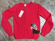 Gymboree Girls' L (10-12) Cardigan Sweater Red w/ Fashion Dog, Leopard Accents