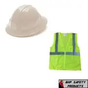 White Full Brim Safety Hard Hat with Hi-Vis Lime Vest Construction