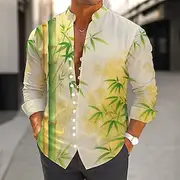Men's Leaf Plants Bamboo Shirt Stand Collar Shirt Long Sleeve Casual Vacation Daily Wear Going out Spring Fall Mandarin Collar Band Collar Button-Down Linen Li