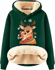 [Generic] Merry Christmas Hoodies For Women 2024 Fleece Warm Winter Sweatshirt Pullover Long Sleeved Christmas Graphic Print Tops, Dark Green, XX-Large, Dark Green, XX-Large
