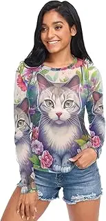 [RPLIFE] Cute Cat Flowers Net Tops for Women, Sheer See Through Top S-XXL