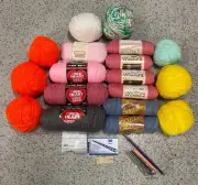 18pcs Lot Of Yarn & Crochet Tools - Caron, Red Heart, Bernat, Susan Bates, Boye