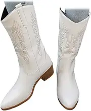 [ZJWBB] Cowboy Boots for Women Embroidered Stitching Chunky Stacked Heel Cowgirl Boots Snip Toe Slip On Mid Calf Western Boots with Pull Tabs