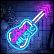 Hanging Art Neon Signs Live Music Neon Sign Guitar Shape for Wall Decor Dimmable Lights USB Powered for Bedroom Bar Party Illuminated 42cm×19cm