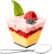 DLux Mini Dessert Cups with Spoons (60 ml x 50 Pcs) Clear Plastic Parfait Appetizer Cups, Square Short 2 oz Small Reusable Bowl for Party Desserts Appetizers - with Recipe Ebook