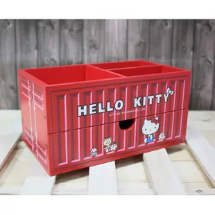 小禮堂 Hello Kitty 木製收納盒 橫式 單抽 三格 抽屜盒 置物盒 筆筒 貨櫃造型 (紅)
