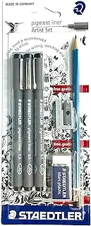 Staedtler Pigment Liner Artist Set, Set of 3 Liners - 0.3mm, 0.5mm, 0.7mm, and Free 1 Pre-sharped Mars Lumograph 2B Pencil, 1 Staedtler Eraser and 1 Staedtler Sharpener (308SBK3P)
