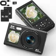 Digital Camera, 5K 80MP Dual Screens Camera with 18X Digital Zoom, Compact Vlogging Camera for Teens,Stylish Beginner Camera for Youth and GIF, 32GB Card & 2 Batteries, Black