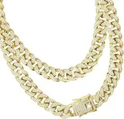 [Generic] Chain Necklace Bracelet Rhinestone Inlaid Necklace Bracelet Heavy Strong Link Chain Necklace Bling Necklace Chain for Men Women