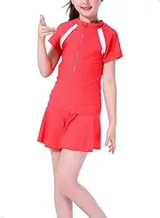 [BIKMAN] Girls 2 Piece Swimsuit with Skirt UV Protection Quick-Drying Rash Guard Swimwear, Orange-red, Large