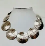 Vintage New Matte Silver Tone Hammered Shield Link Necklace 15”