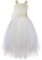 [TiaoBug] Flower Girl Dresses for Wedding Embroidered Birthday Party Kids Crossed Back Ball Gown Prom Pageant Tutu Dress