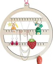 [Generic] 2 Round Earring Holder | Wooden Wall Mounted with Three Functional Zones Jewelry Rack - Hanging Storage Display for Earring Stable for Hoop Earrings, Studs, Necklaces, Watches,