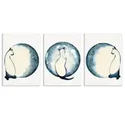 3pcs Navy Blue Moon & Whimsical Cat Illustrations Print 100% Australian Made 3 x 40x60cm (Metal Print)