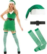Women`s Green Elf Costume + Hat Socks Ladies Santa`s Helper Christmas Dress Xmas