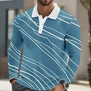 Men's Geometic Line Polo Long Sleeve Polo Shirts Lapel Business Casual Athleisure Daily Wear 3D Print Buttons Spring Fall Winter Blue Green Light Blue