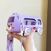 Portable Water Cup in Bus Shape with Strap 16.9 OZ, Water Cup in Bus Shape for Kids, Infinitne, Leak Proof Designs Detachable Fun Toy Bottle (Purple)