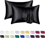 Luxurious Silky Satin Pillowcase for Hair and Skin - Set of 2 - Vegan Friendly - Standard Size - Silk Satin - Super Soft and Smooth, Cooling - Vegan (Black)