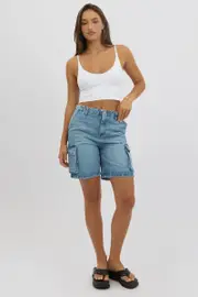 Denim Cargo Shorts High Rise - Size 16XL, Women's Knee Length Short