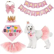 Dog Birthday Hat - Dog Puppy Birthday Party Supplies - Pink Dog Birthday Dog Hat Scarf Bow Happy Birthday Banner Set for Medium Large Dogs (Pink, One Size)
