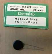 NOS Centralab Type MD Molded Disc Ceramic BC Hi-Kaps, MD-270, 27 MMF 600VDC