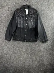 Denim Jacket Size 12 Women Topshop Black Diamante & Sequin Fringe Biker Style