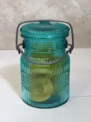 VTG Avon Pint Aqua Blue Glass Canning Jar Wire Bail Pear Soaps 70s Retro NOS