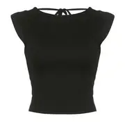 Plain Open-Back Crop Tank Top Black - S