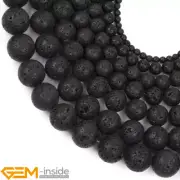 Round Natural Black Lava Rock Stone DIY Loose Beads For Jewellery Making 15"