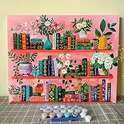 Bookshelf Book Theme Pink Library Paint by Numbers Kits for Adult Paint by Numbers Boho Painting Kits on Canvas with Brushes and Acrylic Pigment for Home Wall Decor Without Framed 16''W x 20''H
