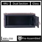 LDR Assembled 4U Hinged Wall Mount Cabinet (600mm x 550mm) Glass Door - Black Metal Construction - Top Fan Vents - Side Access Panels WB-DS65040NB