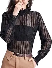 [YEKEYI] Women Long Sleeve Mesh Top Sheer Blouse See Through Floral Lace Tops Thickening Keep Warm, Black, Large