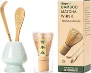 Matcha Whisk Set - Matcha Set 4 Pcs - Bamboo Matcha Whisk + Ceramic Whisk Holder + Scoop +Spoon - 100% Handmade from natural Bamboo - for starter