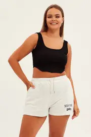Grey Track Short Elastic Waist Print Embroidery