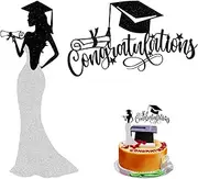 Girl Graduation Cake Topper & Congratulations Cake Topper, Glittery Congrats Grad Cake Topper with Grad Cap Diploma Graduation Cake Picks for Girl Graduation Theme Party Supplies Decorations